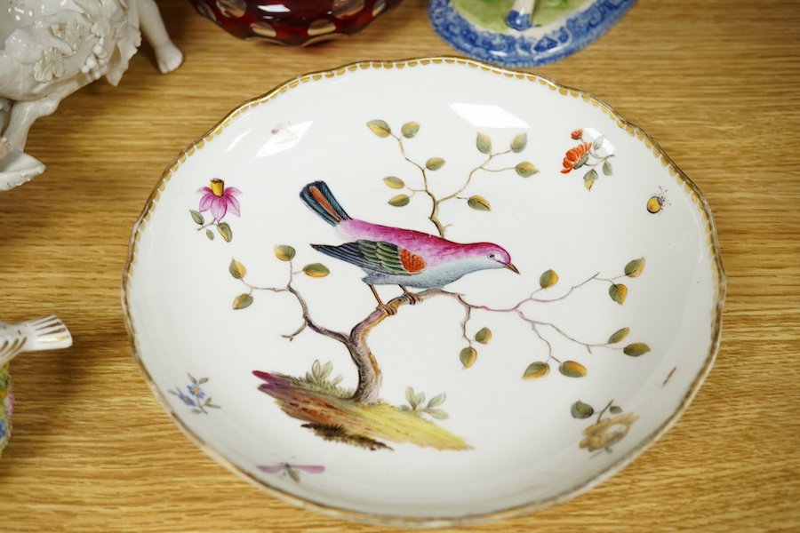 Sundry china and glass to include a red flashed glass scent bottle, a green glazed porcelain example and a Meissen second bird dish, largest 22cm wide. Condition - mostly fair, some minor breaks